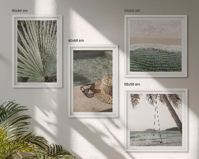 Set de 4 cuadros para salón diseño de columpio de playa y vacaciones con hojas