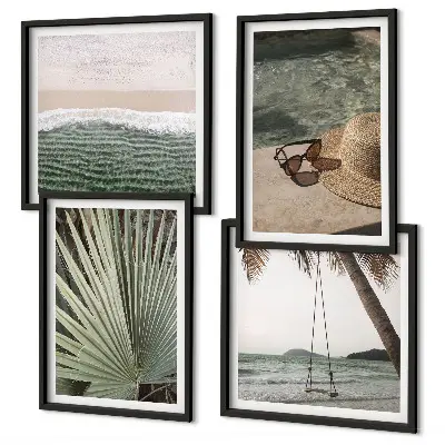 Set de 4 cuadros para salón diseño de columpio de playa y vacaciones con hojas