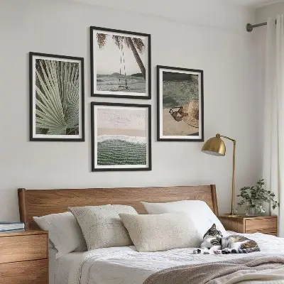 Set de 4 cuadros para salón diseño de columpio de playa y vacaciones con hojas