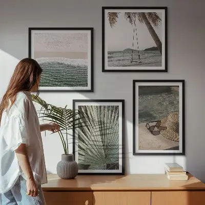 Set de 4 cuadros para salón diseño de columpio de playa y vacaciones con hojas