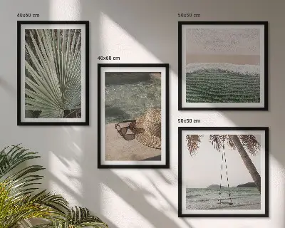 Set de 4 cuadros para salón diseño de columpio de playa y vacaciones con hojas