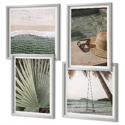 Set de 4 cuadros para salón Columpio de playa, vacaciones con hojas