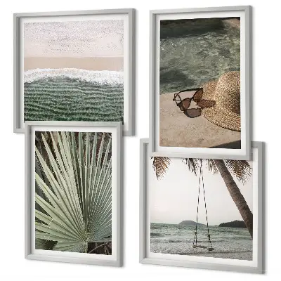 Set de 4 cuadros para salón diseño de columpio de playa y vacaciones con hojas