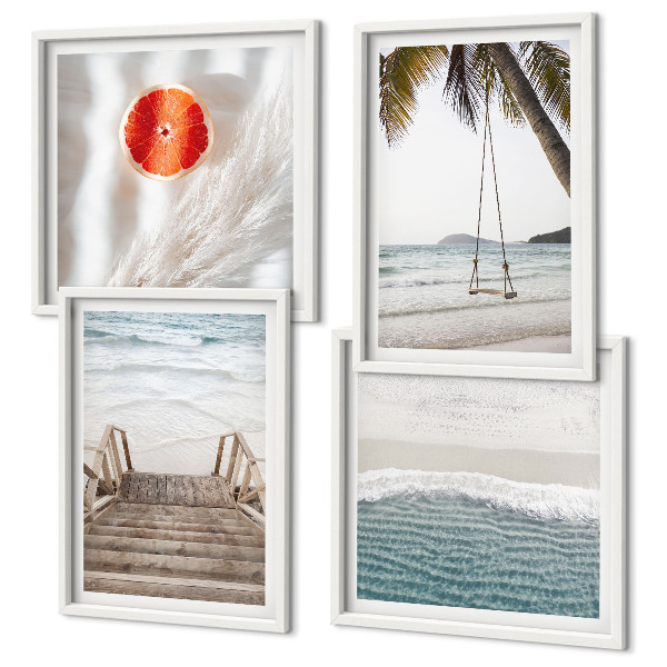 Set de 4 cuadros para salón Ambiente de escaleras de madera en la playa