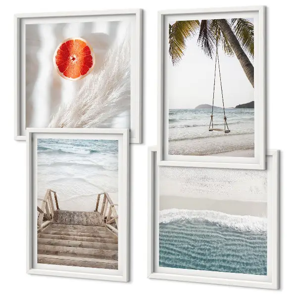Set de 4 cuadros para salón con diseño de escaleras de madera en la playa