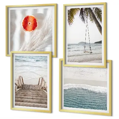 Set de 4 cuadros para salón con diseño de escaleras de madera en la playa