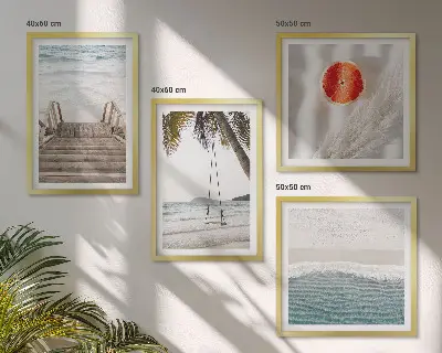Set de 4 cuadros para salón con diseño de escaleras de madera en la playa