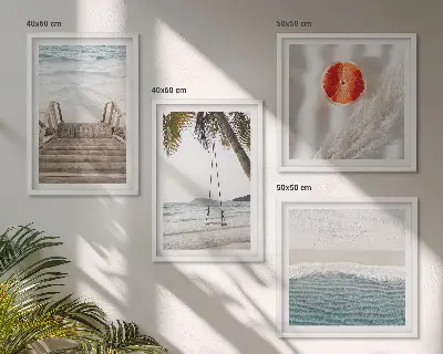 Set de 4 cuadros para salón con diseño de escaleras de madera en la playa