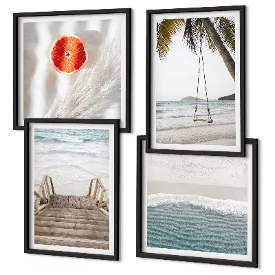 Set de 4 cuadros para salón con diseño de escaleras de madera en la playa