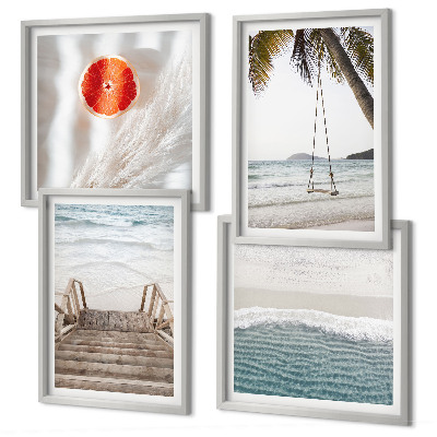 Set de 4 cuadros para salón Ambiente de escaleras de madera en la playa