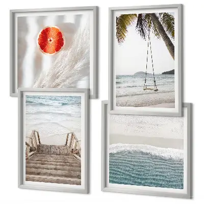 Set de 4 cuadros para salón con diseño de escaleras de madera en la playa