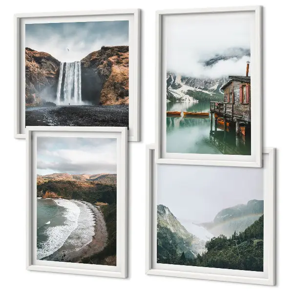 Galería de pared paisaje con montañas nubes y agua