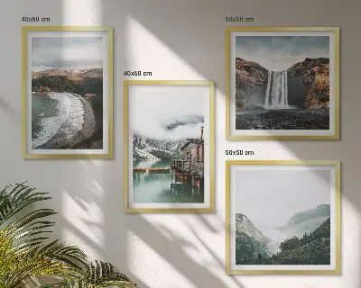 Galería de pared paisaje con montañas nubes y agua