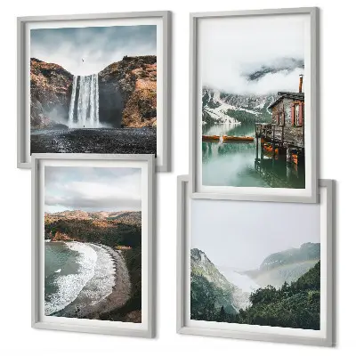 Galería de pared paisaje con montañas nubes y agua