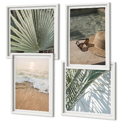 Set de cuadros modernos para salón Sombrero de playa para el agua y gafas de sol