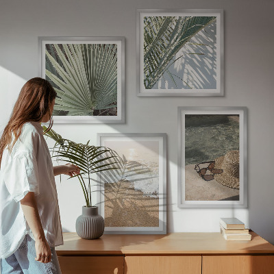 Set de cuadros modernos para salón Sombrero de playa para el agua y gafas de sol