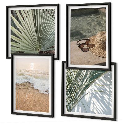 Set de cuadros modernos para salón Sombrero de playa para el agua y gafas de sol