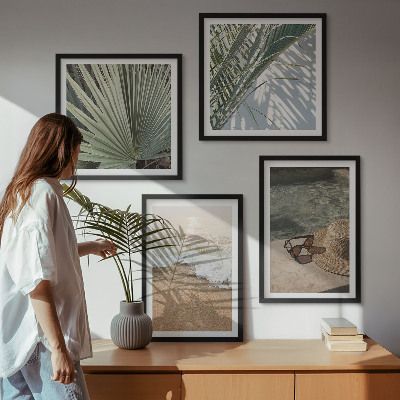 Set de cuadros modernos para salón Sombrero de playa para el agua y gafas de sol