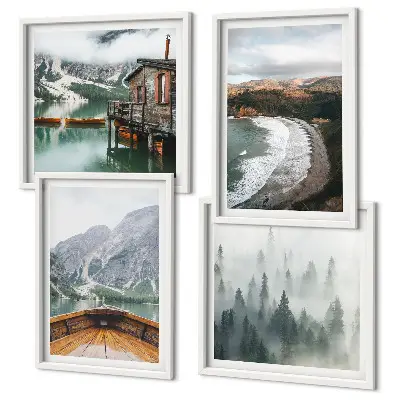 Set de 4 cuadros para salón con diseño de montañas, lago, barco, niebla y playa