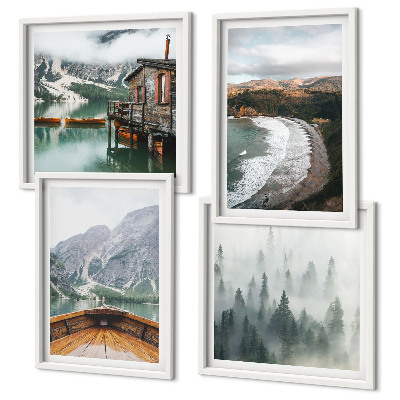 Set de 4 cuadros para salón Montañas, lago, barco, niebla, playa