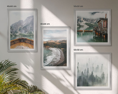 Set de 4 cuadros para salón Montañas, lago, barco, niebla, playa