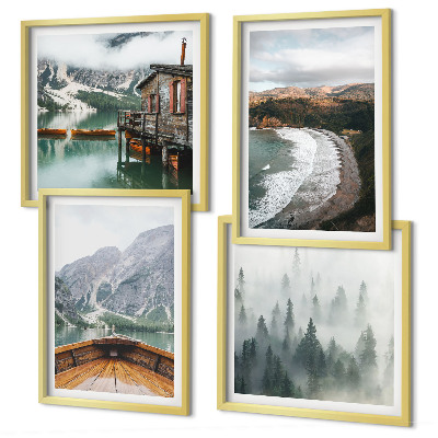 Set de 4 cuadros para salón Montañas, lago, barco, niebla, playa