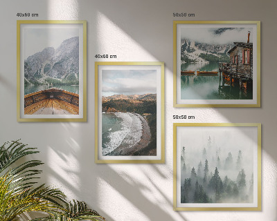 Set de 4 cuadros para salón Montañas, lago, barco, niebla, playa