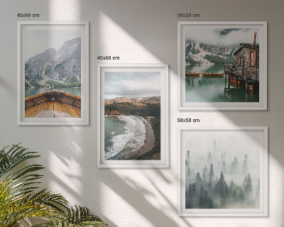 Set de 4 cuadros para salón Montañas, lago, barco, niebla, playa
