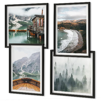 Set de 4 cuadros para salón Montañas, lago, barco, niebla, playa