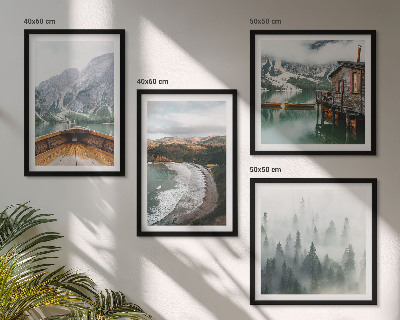 Set de 4 cuadros para salón Montañas, lago, barco, niebla, playa
