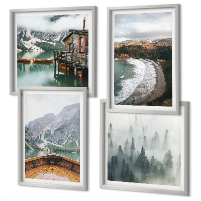 Set de 4 cuadros para salón Montañas, lago, barco, niebla, playa