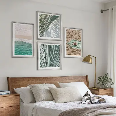 Set de 4 cuadros para salón con vistas de vacaciones a la playa y al mar