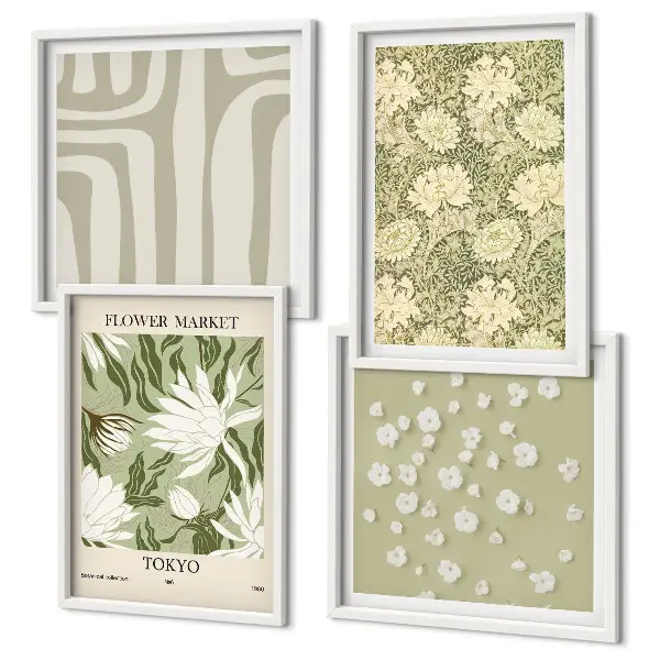 Set de cuadros modernos para salón con composiciones bohemias de plantas en tonos pastel