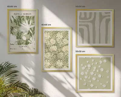 Set de cuadros modernos para salón con composiciones bohemias de plantas en tonos pastel