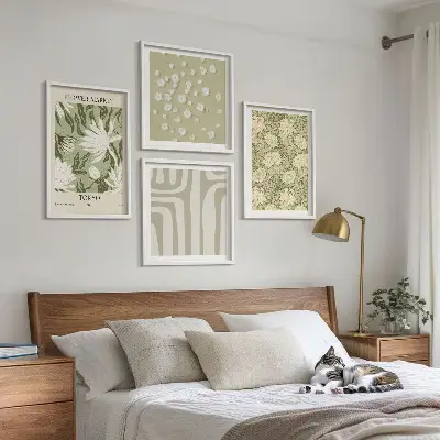 Set de cuadros modernos para salón con composiciones bohemias de plantas en tonos pastel