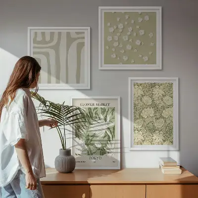 Set de cuadros modernos para salón con composiciones bohemias de plantas en tonos pastel