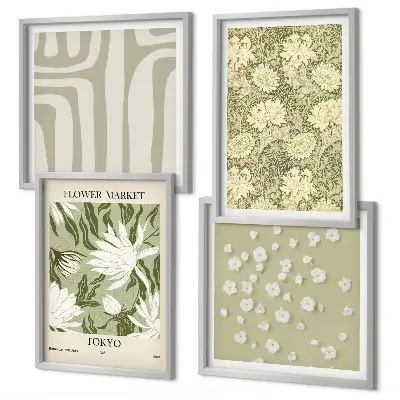 Set de cuadros modernos para salón con composiciones bohemias de plantas en tonos pastel
