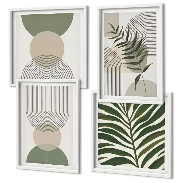 Set de 4 cuadros para salón con diseño de hojas abstractas estilo boho