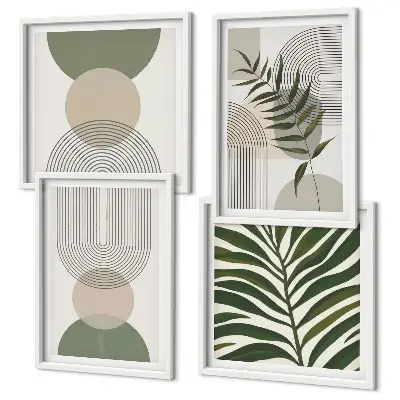 Set de 4 cuadros para salón con diseño de hojas abstractas estilo boho
