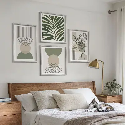 Set de 4 cuadros para salón con diseño de hojas abstractas estilo boho