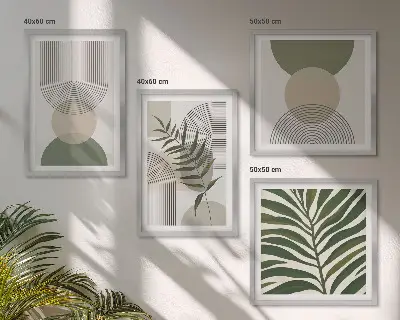 Set de 4 cuadros para salón con diseño de hojas abstractas estilo boho