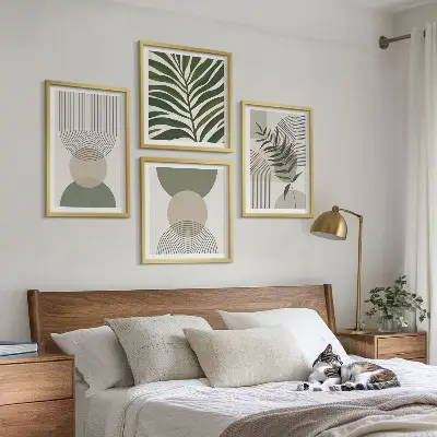 Set de 4 cuadros para salón con diseño de hojas abstractas estilo boho