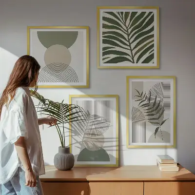 Set de 4 cuadros para salón con diseño de hojas abstractas estilo boho