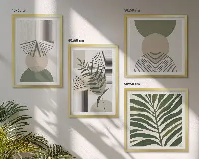 Set de 4 cuadros para salón con diseño de hojas abstractas estilo boho