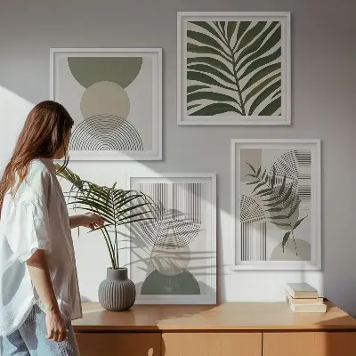 Set de 4 cuadros para salón con diseño de hojas abstractas estilo boho