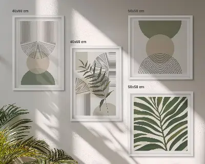 Set de 4 cuadros para salón con diseño de hojas abstractas estilo boho