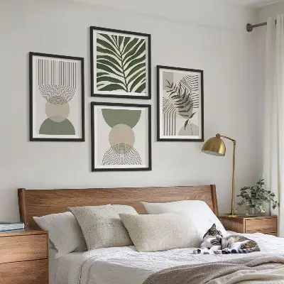 Set de 4 cuadros para salón con diseño de hojas abstractas estilo boho