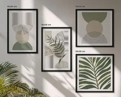 Set de 4 cuadros para salón con diseño de hojas abstractas estilo boho