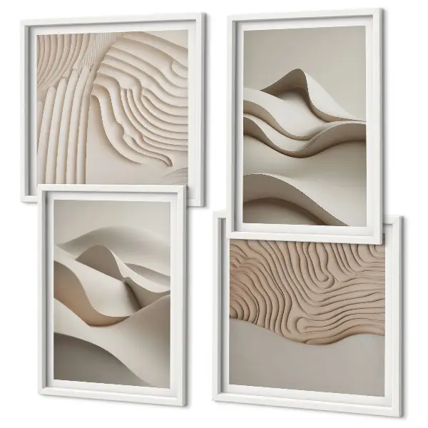 Set de 4 cuadros para salón diseño de ondas abstractas en color beige