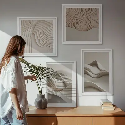 Set de 4 cuadros para salón diseño de ondas abstractas en color beige